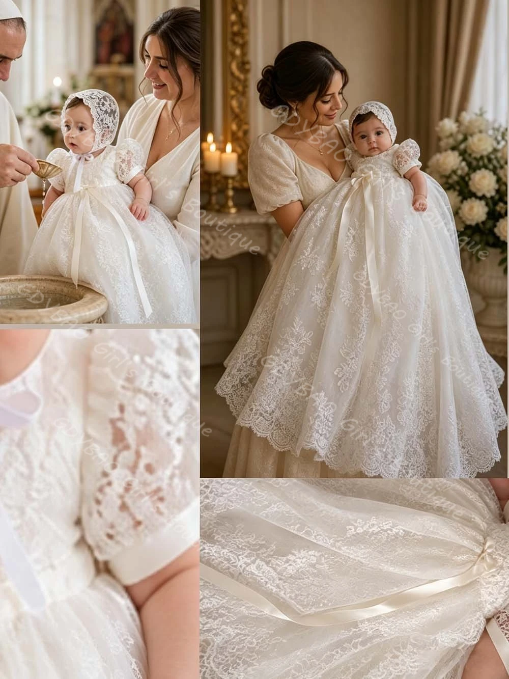 Baby Girls Christening Dress 2 Piece Puff Sleeve Baptism Dress Lace Bonnet Customi Infants Wedding Party Gown for Flower Girls