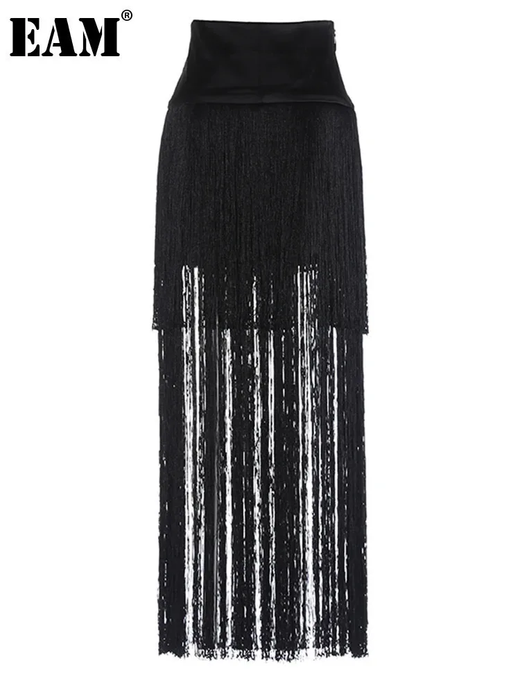 [EAM] High Waist Black White Tassels Irregular Long Elegant Half-body Skirt Women Fashion Tide New Spring Autumn 2024 1DH5222