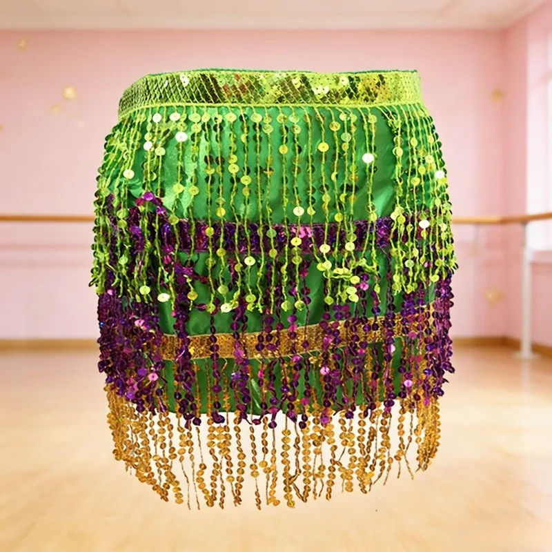 

Блестящая золотисто-фиолетово-зеленая юбка с динамичной бахромой для праздничных мероприятий для женщин