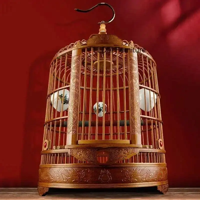 

Round Portable Parrot Pet House for Chinese Bird Accessories Luxury Carved Bird Cages Household Retro Large Bamboo Bird Cage GL