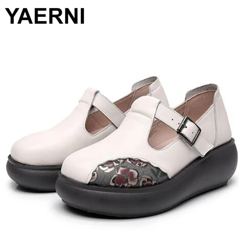 

2025 5 см в стиле ретро, этническая ручная обувь из натуральной кожи на танкетке, летние женские слипоны на плоской подошве, удобная нескользящая обувь для отдыха больших размеров