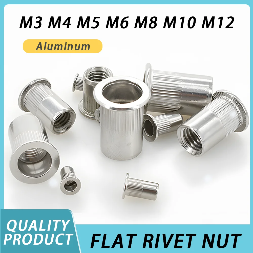 10/20/30/60 piezas Tuerca remachable plana M3 M4 M5 M6 M8 M10 M12 de aleación de aluminio, tuerca remachable de cabeza plana, tuerca insertable roscada, tuerca remachable tipo capuchón