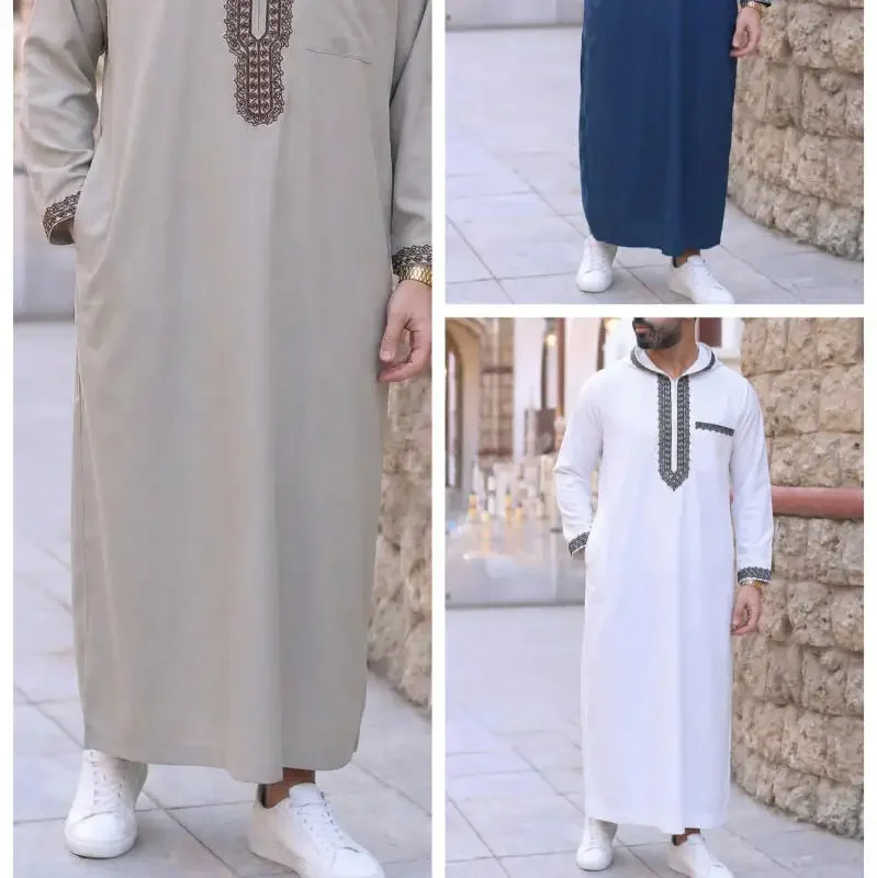 Casual Loose Hooded Muslim Men Embroidery Costume Clothing Kaftan Festival Long Arabic Ethnic Robe Pocket Traditional Caftan