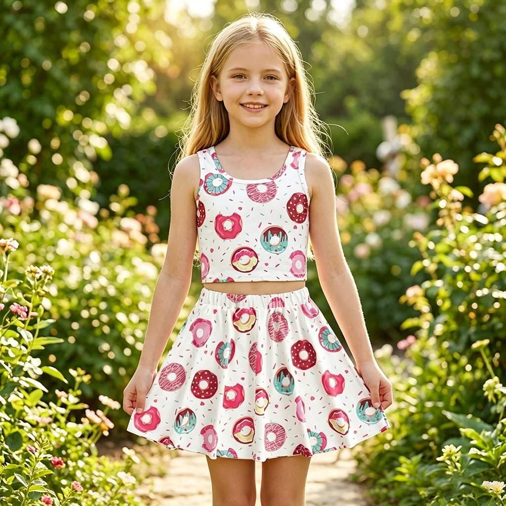 Girl's Summer 7-14 Years Round Neck Sleeveless Colorful Donut Print 2-Piece Tank Top and Skirt Outfit for Daily Casual Kids Cute