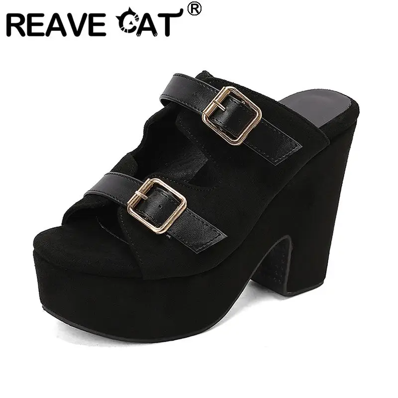 REAVE CAT 2026 Fashion Female Sandals Chunky Heels 11.5cm Platform 4.5cm Slip On Mules Belt Buckle Mixed Color Big Size 42 43