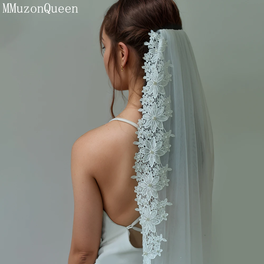 TOPQUEEN Refers To Long Embroidered Lace Edged Pearl Embellishments Bridal Veil Wedding Accessories Single Layer Soft Tulle M135