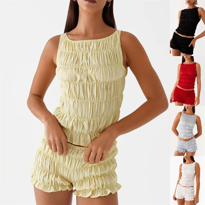 Women Summer O-neck Folds Tank Tops+Shorts Suit Sleeveless Slim Solid Tees Ruched Shorts Beach Style Fashion 2pcs Sets Outfits