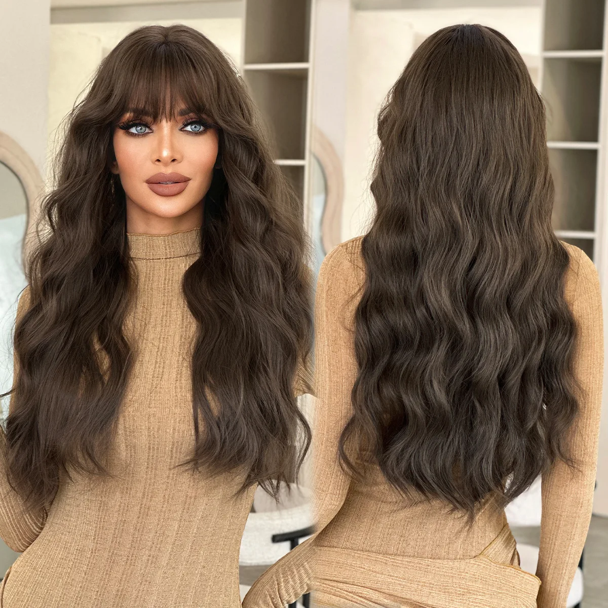 

Natural dark tea brown Qi bangs long curly hair wig girls full head cover daily use high quality wig