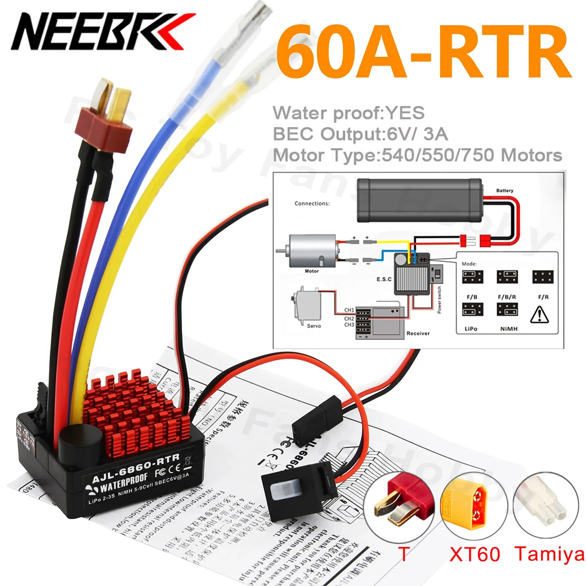 NEEBRC Waterproof 60A Brushed ESC 6V/3A BEC Built-in 3 Modes AJL-6860-RTR 2-3S for RC Car 540/550/750 Motors Vehicles Boat Tank