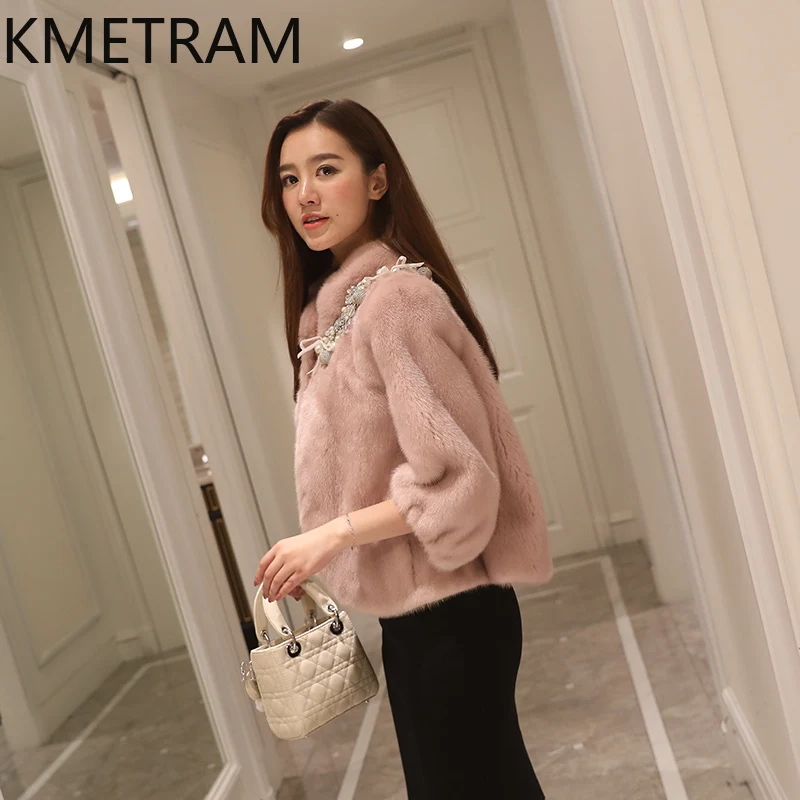 KMETRAM 100% فرو المنك الوقوف طوق معطف الفرو الحقيقي موضة قصيرة الوردي معاطف للمرأة 2025 شتاء جديد في السترات fourrures فام