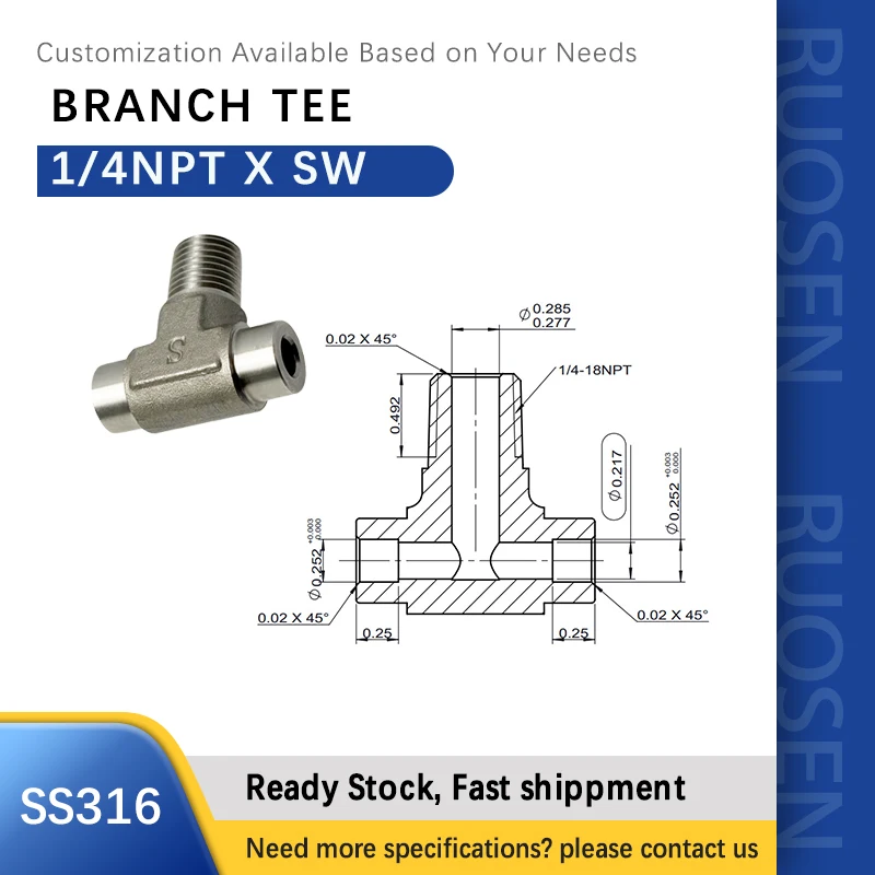 BRANCH TEE 1/4NPT X SOCKET WELD CONNECTIONS SS316 FITTINGS CUSTOMIZED ALL SIZE/MATERIAL/THREAD SWAGELOK SSP PARKER AEROQUIP