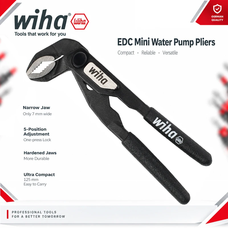 Wiha 46672 Black Forest EDC Mini Water Pump Pliers, 125mm Slim Jaw 7mm Width 5-Position Quick Lock Adjustable Hand Tool
