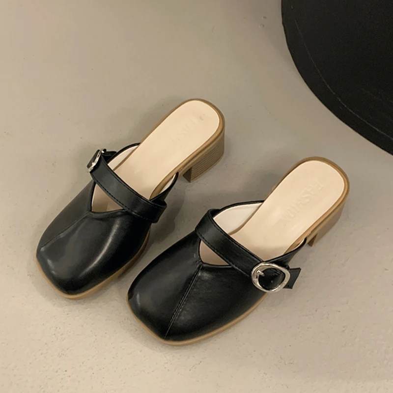 

Women High Heels Slippers Chunky Leather Shoes Summer Sandals 2026 New Slingback Walking Comfort Shoes Office Pumps Mujer Slides