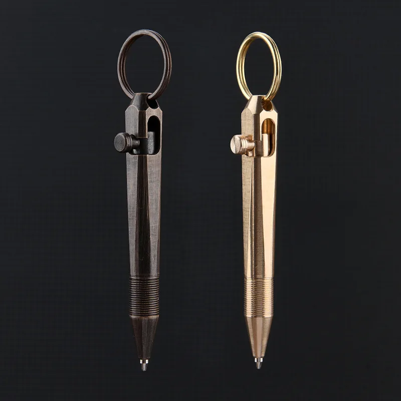 Brass Quick Release Writing Pen Cylindrical Bolt Ballpoint Pen Mini Keychain Business Signature Stationery Gift Pen EDC Tool