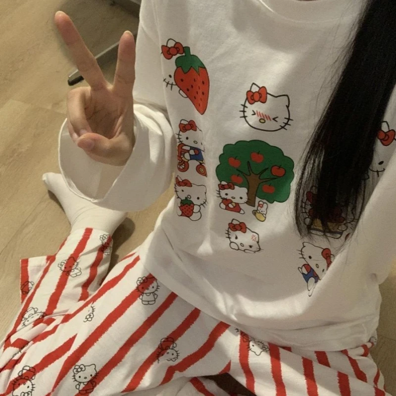 

Kawaii Hello Kitty Printed Long-sleeved Pajamas Autumn New Cartoon T-shirt Trousers Girls Home Wear Suit Can Be Worn Outside