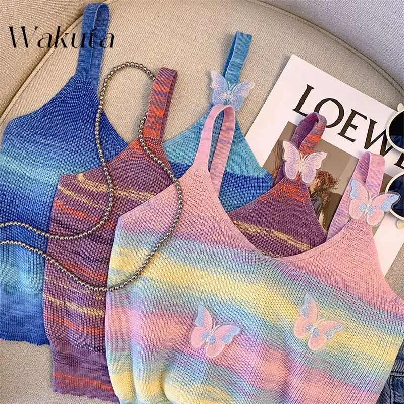 WAKUTA Sexy Gradient Blue Butterfly Knit Camisole Tank Women Outwear Sweet Chili Girl Short Section Bustier Top Dopamine Wearing