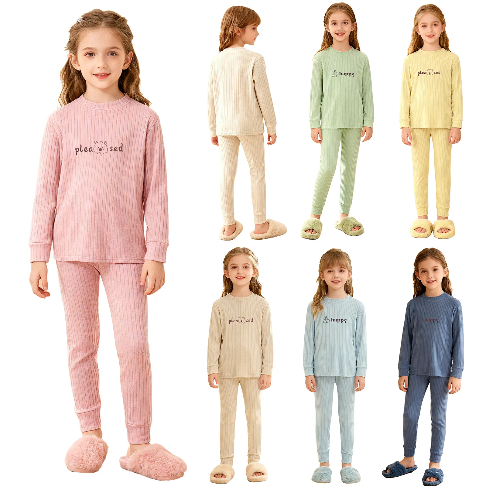 Set Pakaian Dalam Termal Bergaris untuk Anak Perempuan, Pakaian Rumah, Pakaian Santai, Pakaian Tidur, Atasan Pullover Lengan Panjang dengan Celana untuk Pakaian Kasual Sehari-hari