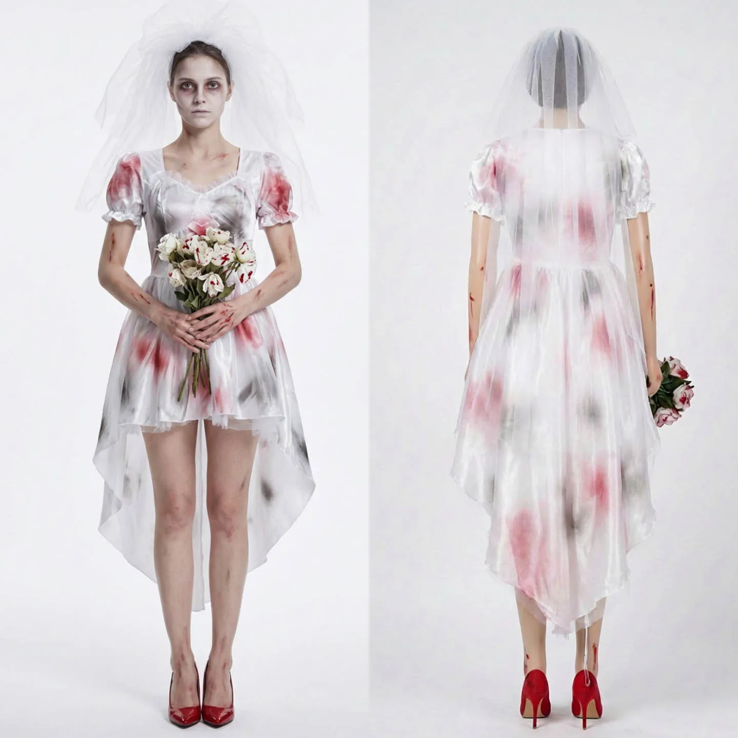Bloodstained Ghost Bride Halloween Dress – Gothic Vampire Costume Gown with Tattered Hem, Creepy Victorian Style