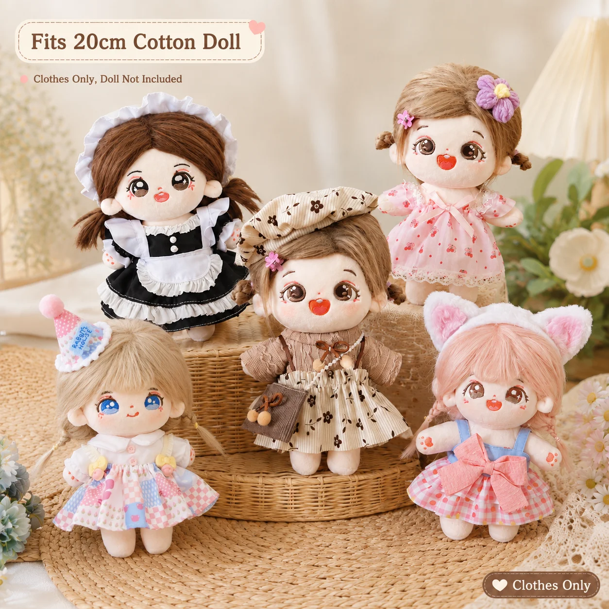 Kleidung für Baumwollpuppe 20cm Süßes Kleid Outfit Set Handgemachtes Puppenkostüm Weicher Stoff Zubehör für Mini Puppe Geschenk
