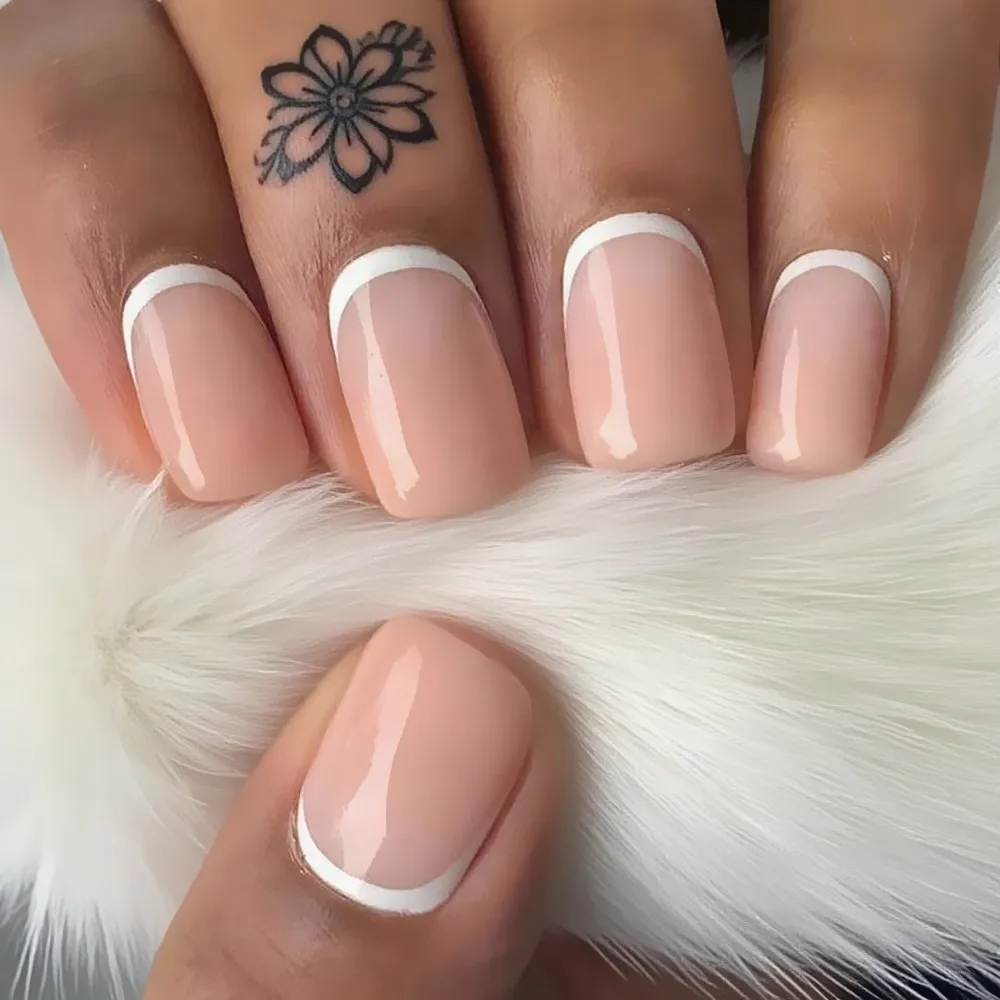 

Plain Light Pink French Press On False Nails With Glue Sticker Artificial Short Square Essential DIY Manicure Accessory