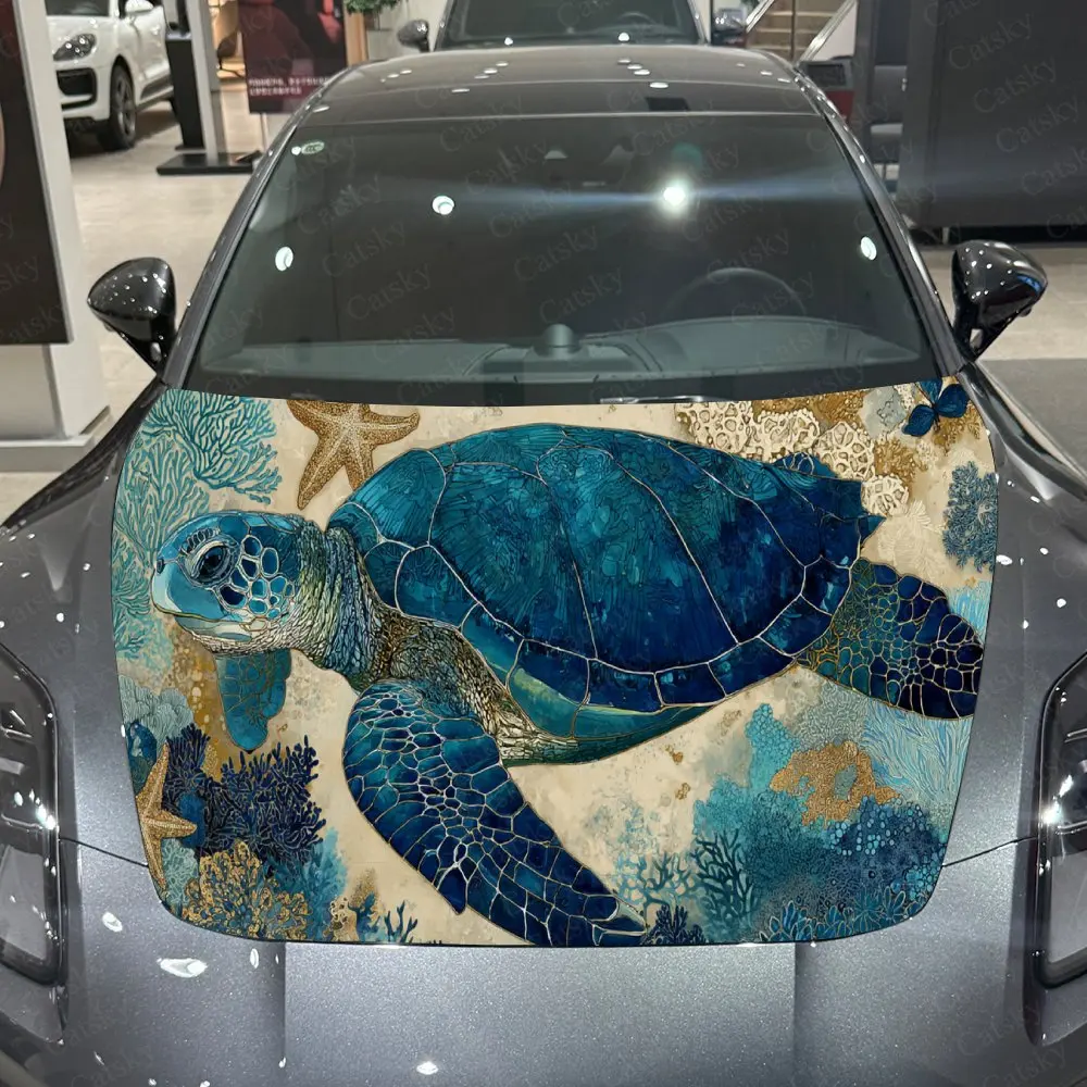 Blue Sea Turtle Car Hood Stickers - Self-Adhesive, Waterproof and Durable Vinyl Wrap, Decorate And Protect Your Car - The Gift F
