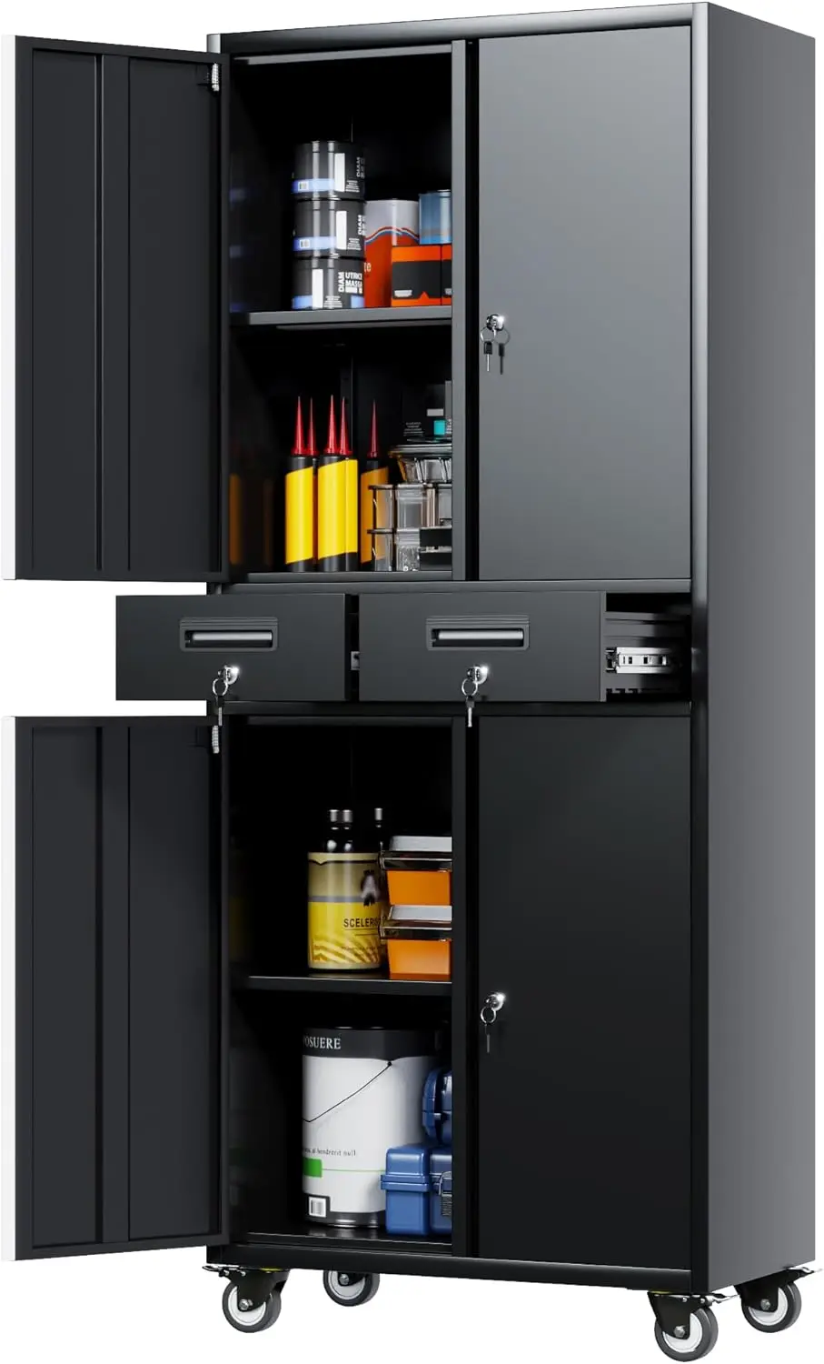 

Cabinet with Locking Doors,Tool Storage Cabinet with 4 Wheels and 2 Drawer and Adjustable Shelves- 71" H Rolling Storage Cabinet