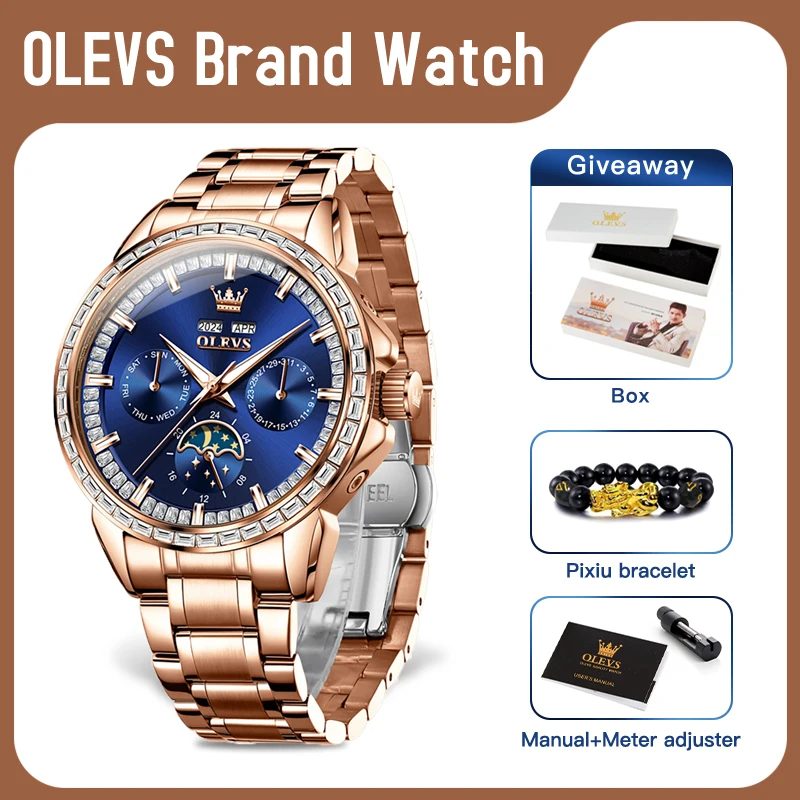 OLEVS 6695 Mens Watch Original Classic Fashion Three Small Dial Automatic Mechanical Watch  Moon Phase Watches For Men Reloj