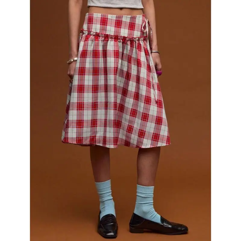 

Combhasaki Women Belted Bow Tied Low Waist Ruffled Decor Vintage Retro Y2k Plaid Print Versatile Loose Flowy A-line Midi Skirts