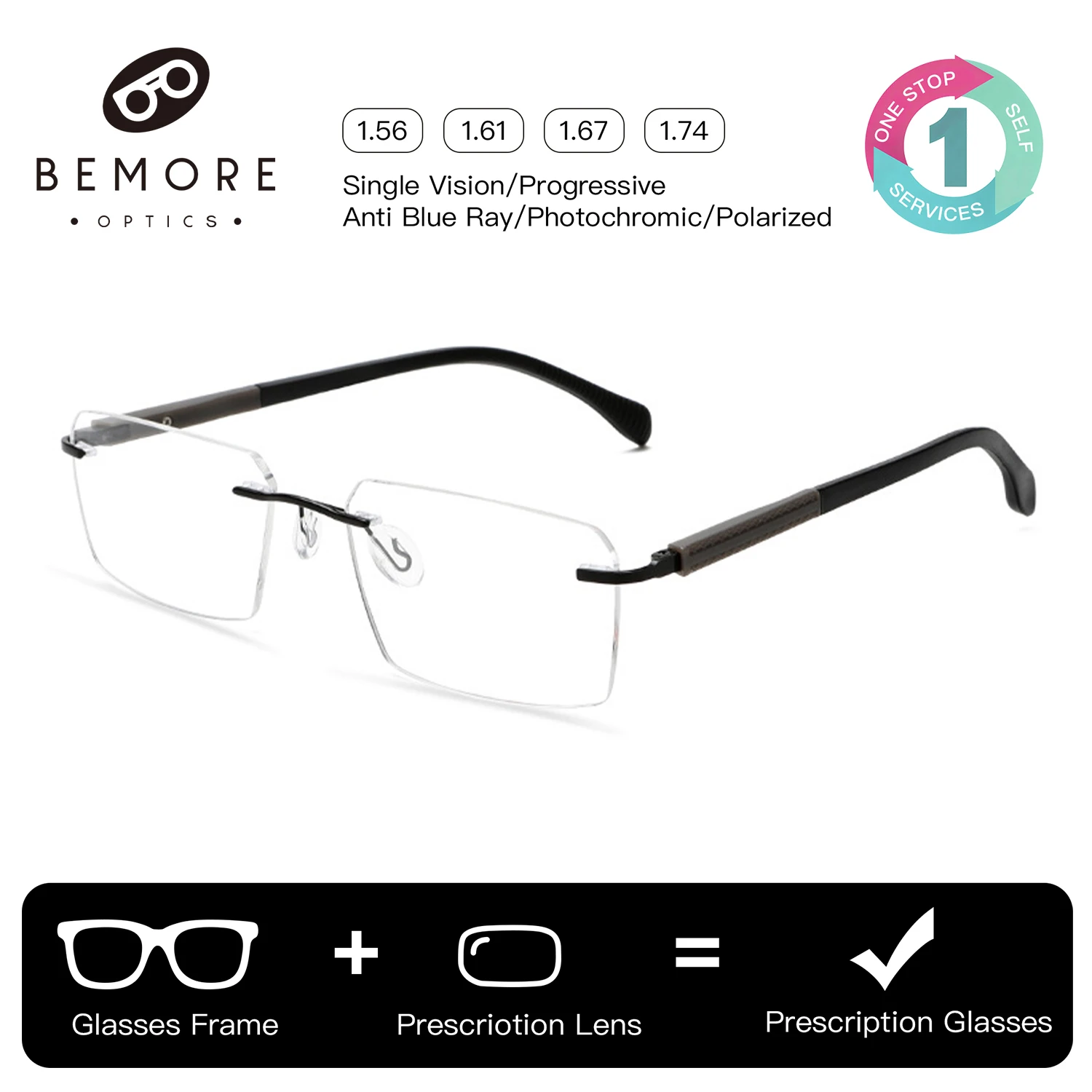 BEMORE Rimless Alloy Eyeglasses Prescription Optical Glasses Photochromic Anti Blue Light Myopia Graduated Eyewear Man