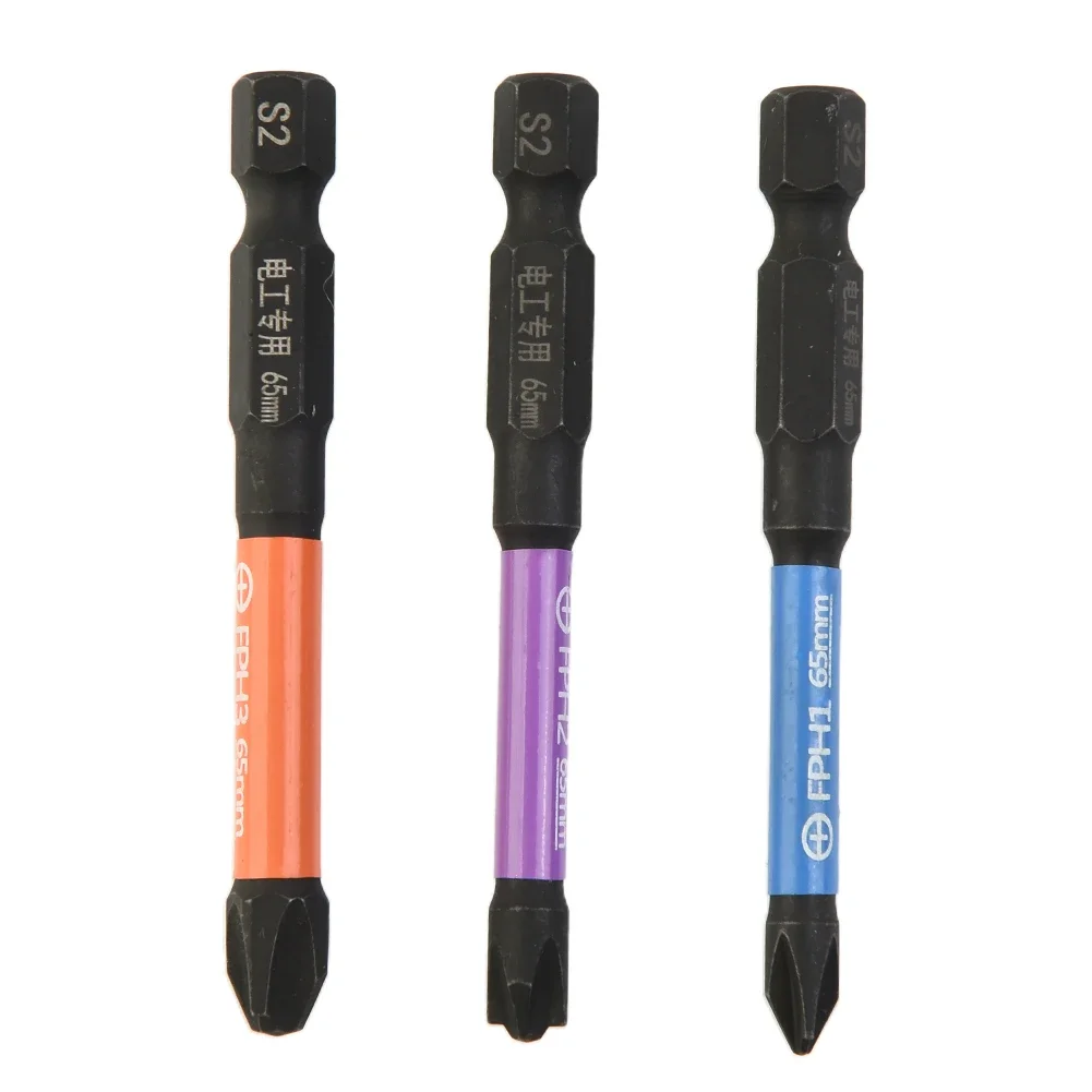 3PCS Magnetic Batch Head Impact Slotted Cross Screwdriver Bit For Electrician PH1 PH2 PH3 65mm Non-slip Bits Set Hand Tool