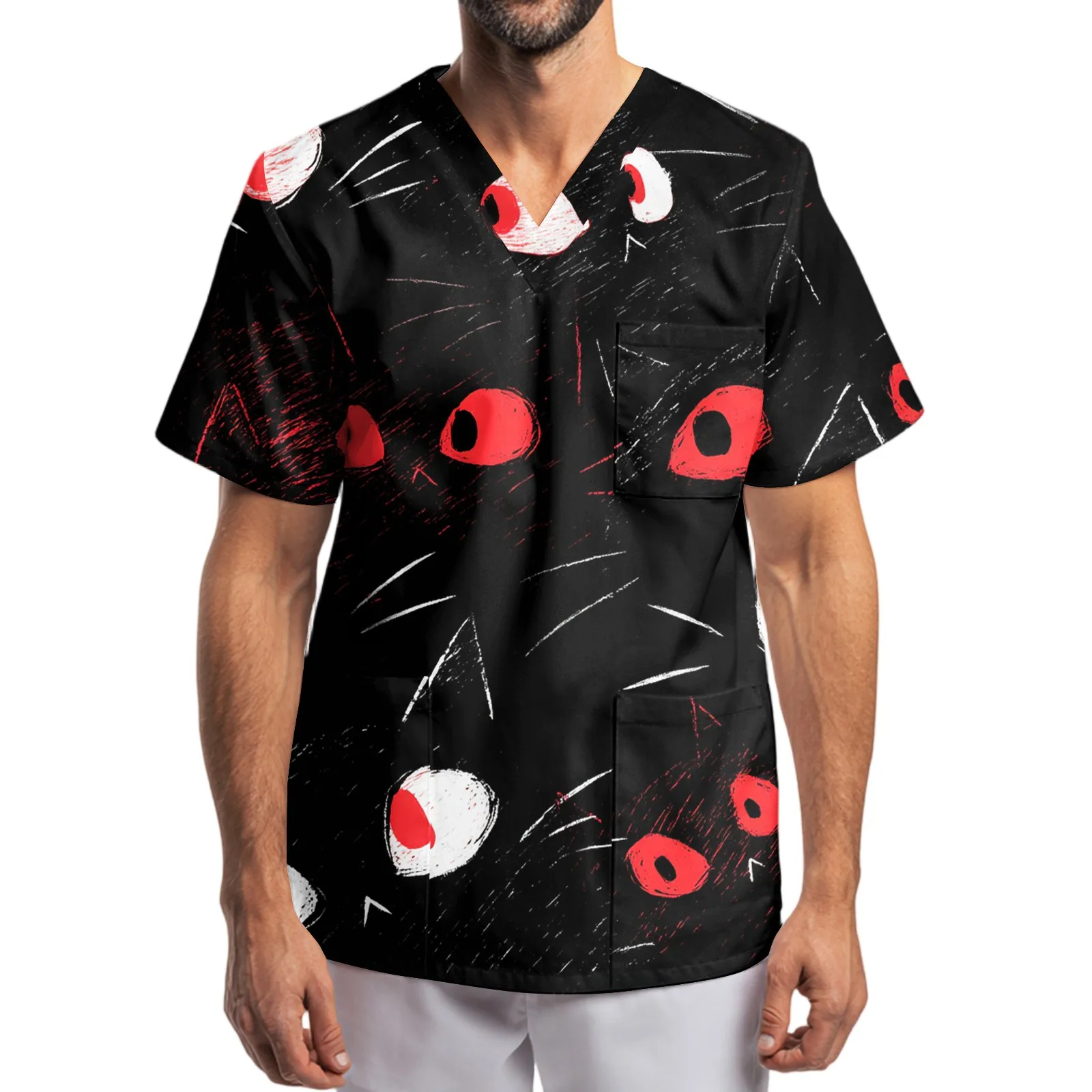 Medical Uniform Black Short Sleeve Top Trendy Scrub Tees Eye Pattern Design Professional Healthcare Apparel Comfort Workwear