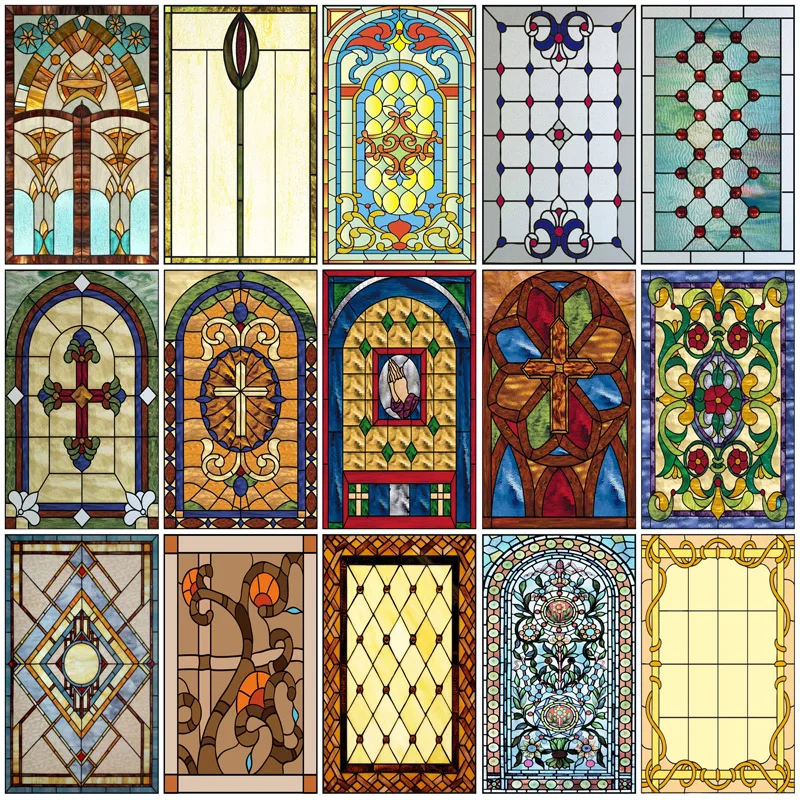 Window Film Victorian Stained Glass Films Customized  Church-style Static Cling Sticker Kitchen Bathroom Substitute for Home