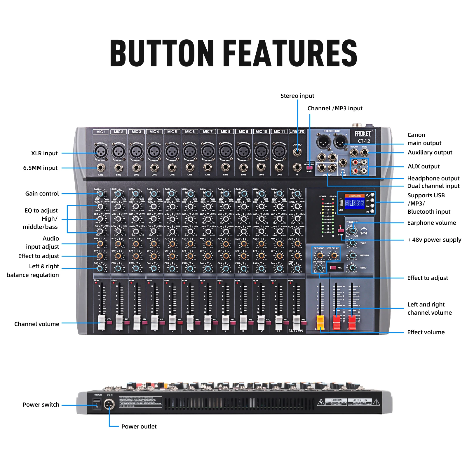 FROKET CT Series DSP Mixer Audio Console DJ Console di missaggio registrazione Audio professionale miscelazione per palco, Karaoke, registrazione