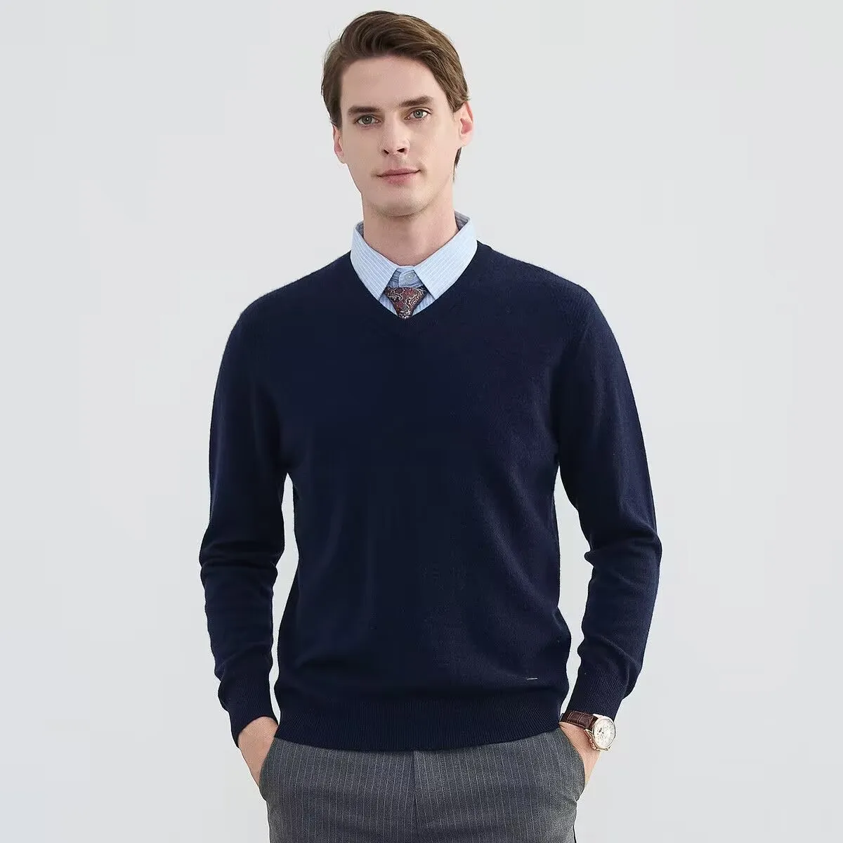 

Мужской пуловер из 100% чистой шерсти с v-образным вырезом, вязаный свитер, деловой повседневный однотонный простой модный свободный теплый топ с длинными рукавами