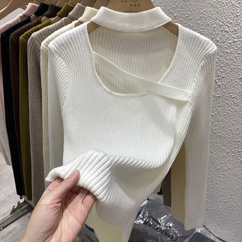 Einzigartige Gestrickte Pullover Frauen Pullover Mode Langarm Mock Neck Aushöhlen Stricken Pullover Pullover Frauen Tops Strickwaren Q1763
