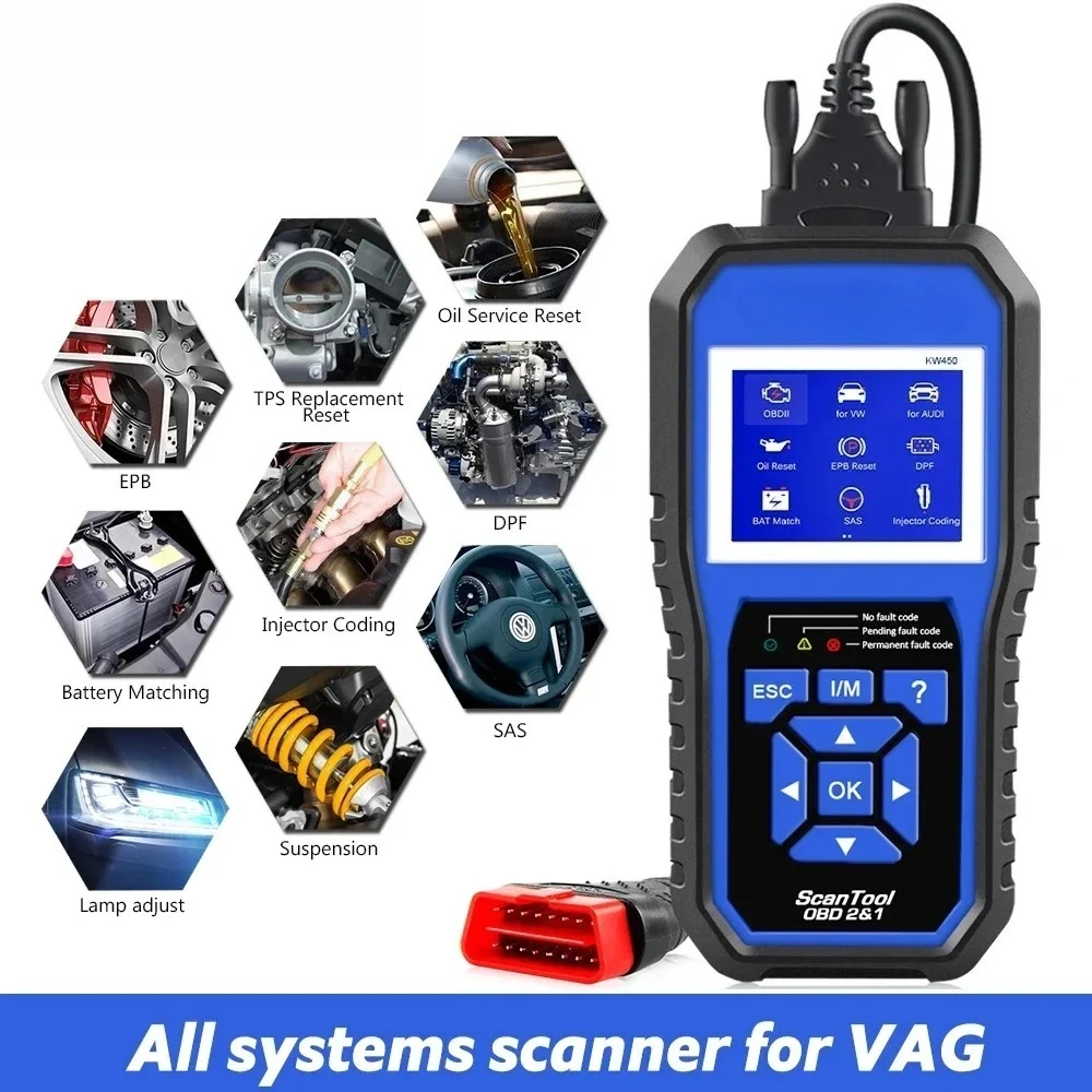 KW450 OBD2 Diagnostic Tool for VAG Cars VW Audi ABS Airbag Oil ABS EPB DPF SRS TPMS Reset Full Systems Scanner VAG COM
