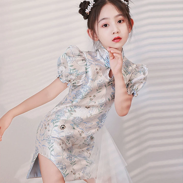 

Summer Children Cheongsam Dragon Phoenix Embroidery Qipao Princess Dress Chinese Style Dresses New Year Qipao Gift Tang Clothes