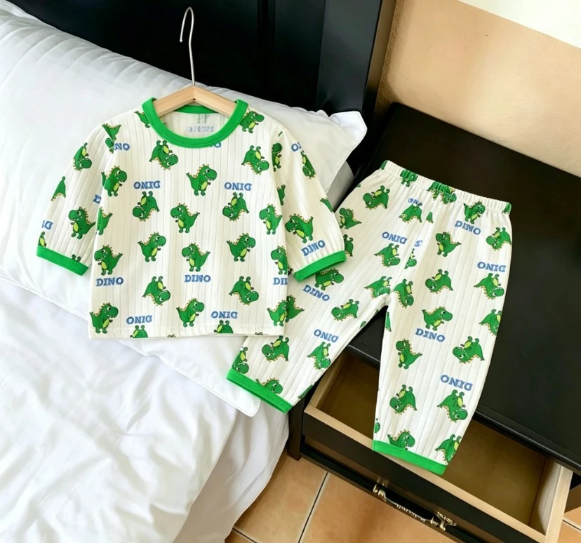 Baby 2 Piece Nightwear Outfit Allover Cartoon Dinosaur Flower Prints Kid Round Neck Top And Matching Pants Wear Clohting Kid Set