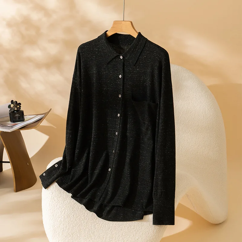 เสื้อคาร์ดิแกนโปโลถักสำหรับผู้หญิง เสื้อสเวตเตอร์ติดกระดุม ผ้าลินินผสมขนสัตว์ลายมาร์เลด