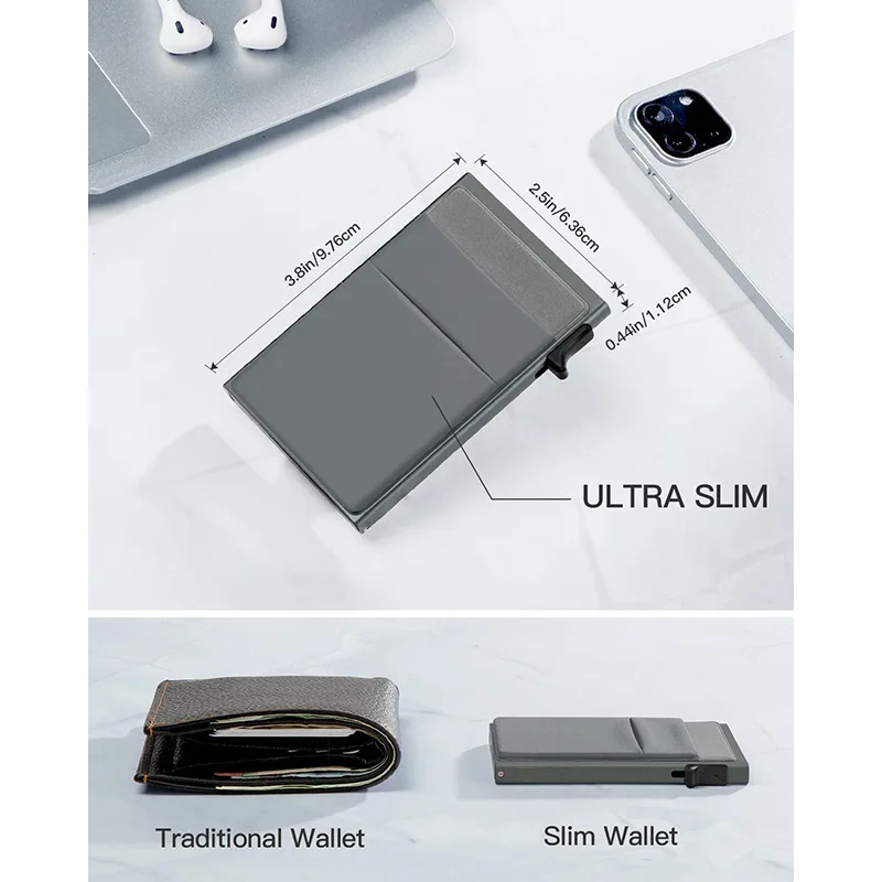 Simple Wallet Card Cover Aluminum Alloy Side Card Push Bag Automatic Large-Capacity Anti-Theft Brush Metal Box Wallet Card Clip image 5