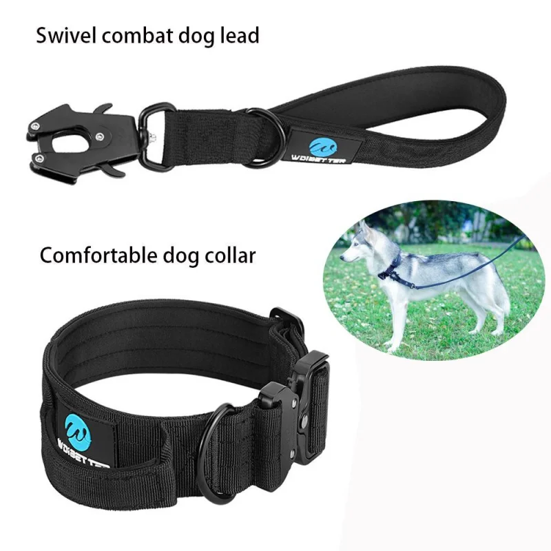 Leash Tactical Dog Collar, Military Adjustable Durable Training Nylon Shepard Metal Buckle Pet Large Dog Harness Set Pet Dog