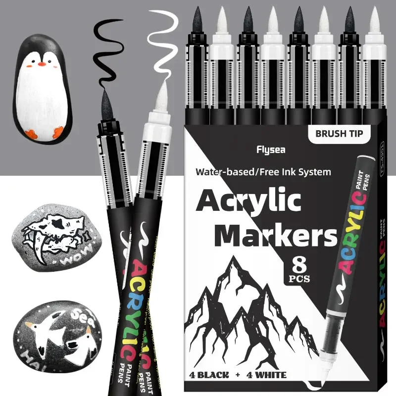 8 Colors Black White Flexible Brush Acrylic Markers Set for Rock Wood Canvas Glass Stone DIY Crafts Painting Art Supplies
