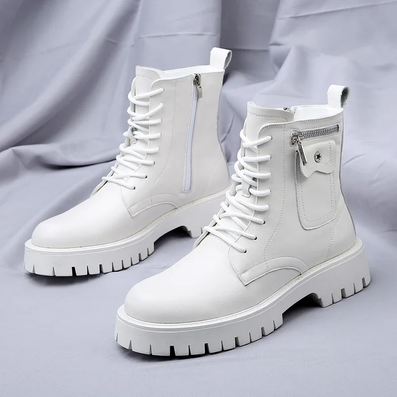 Spring Men\'s Thick Soled White Denim Boots Brand Lace Up Side Zipper Motorcycle Boots Men Round Toe Boots Leather High Top Shoes