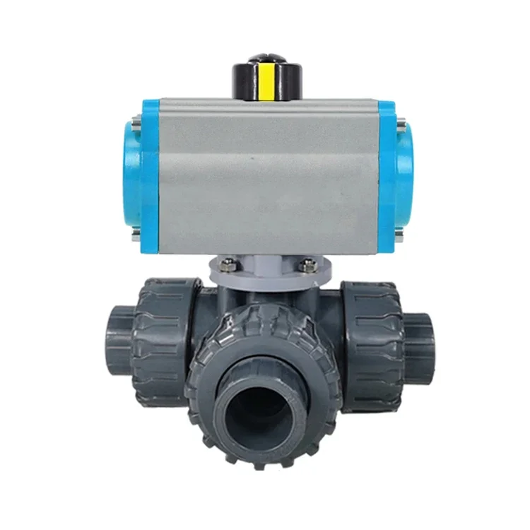 

DN50 2 inch 12V 24V 220V AC PVC Plastic True Union 3 Way Pneumatic Ball Valve with On Off Pneumatic Actuator