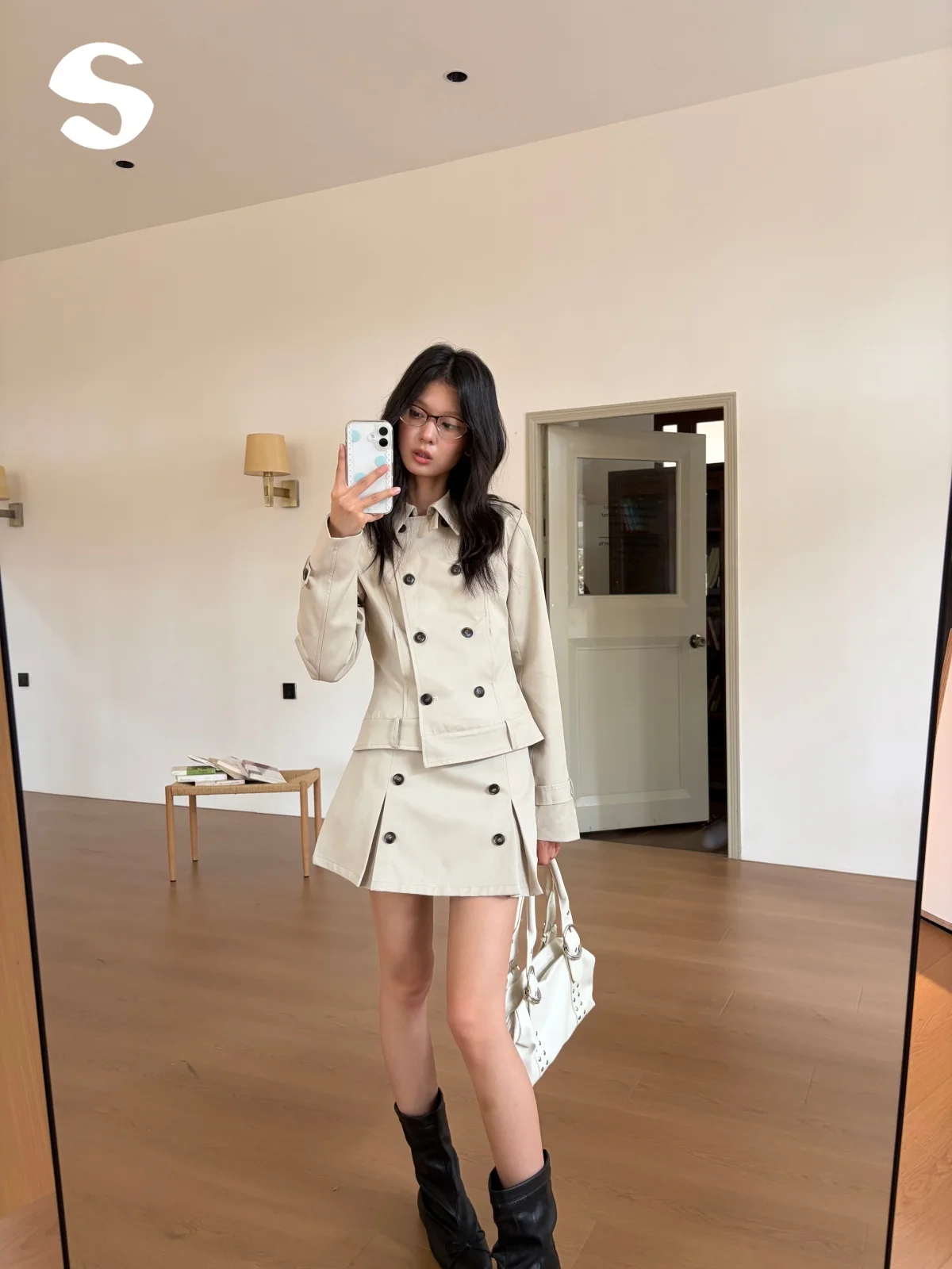Sleep at 11 Korean Style Motorcycle Jacket Windbreaker Coat Half Skirt Women's Two-Piece Set Short Sleeve Long Pants Autumn C...