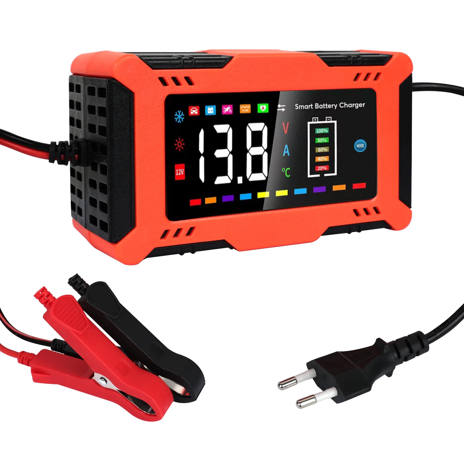 12V 6A Smart Car Battery Charger 9-Stage Automatic Charger 5-in-1 Modes for Car Start-Stop Motorcycle LiFePO4 Batteries with Repair Trickle Charge Temperature Compensation LED Display Safety Protection
