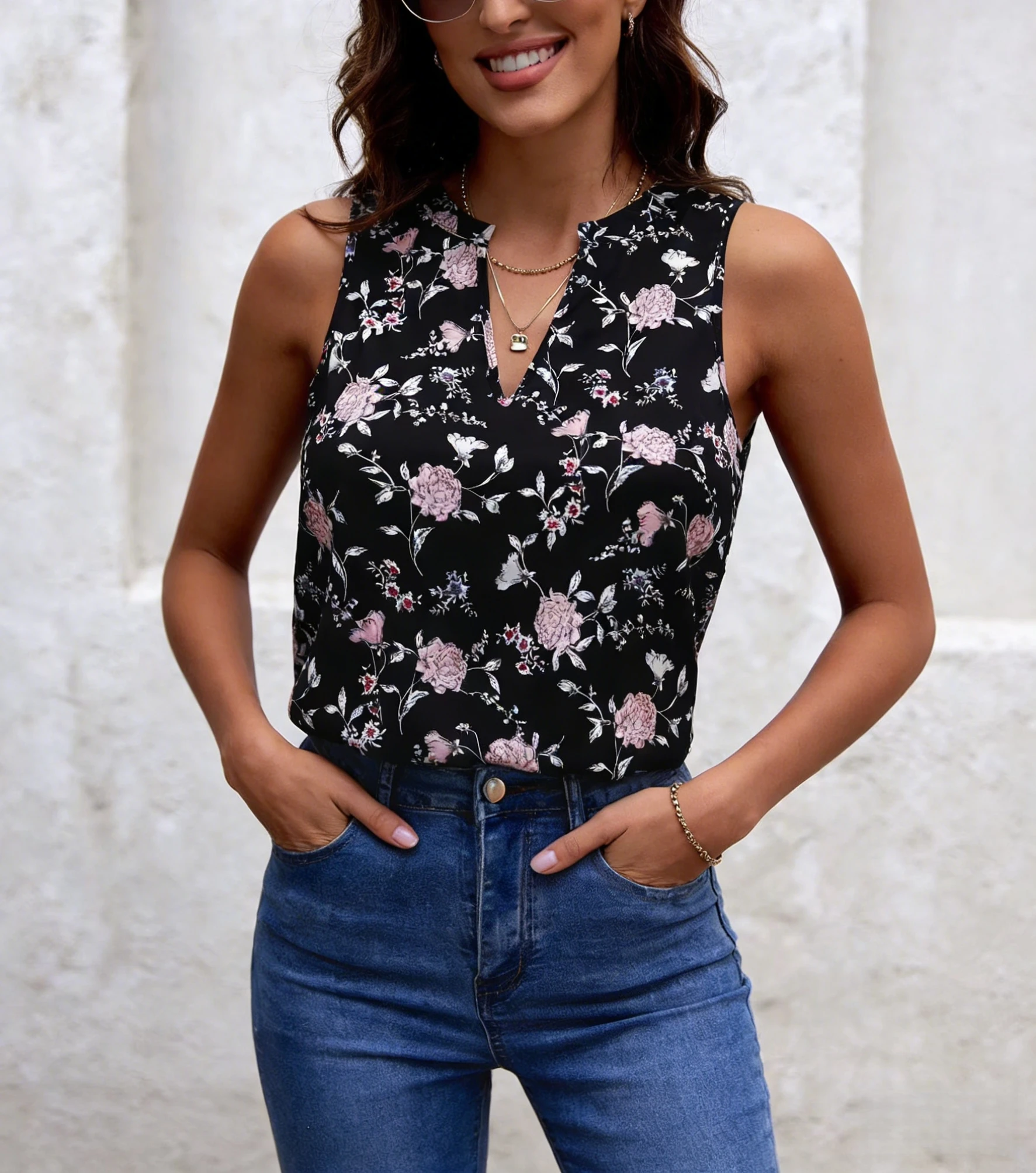 Women's Tank Top Spring Summer Black Pink Floral Print Notched V Neck Sleeveless Loose Casual Daily Vacation Top