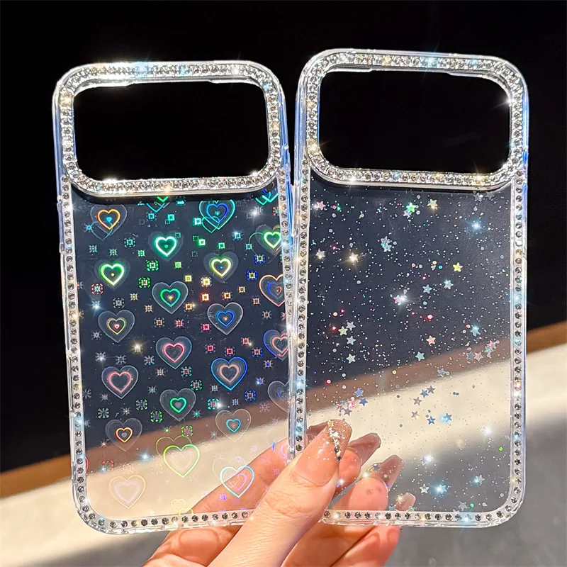 

Luxury Jewelled frame Glitter Transparency Phone Case For iphone 17promax 16 Plus 15 14 13 Pro Max Cute Pattern laser Love Heart