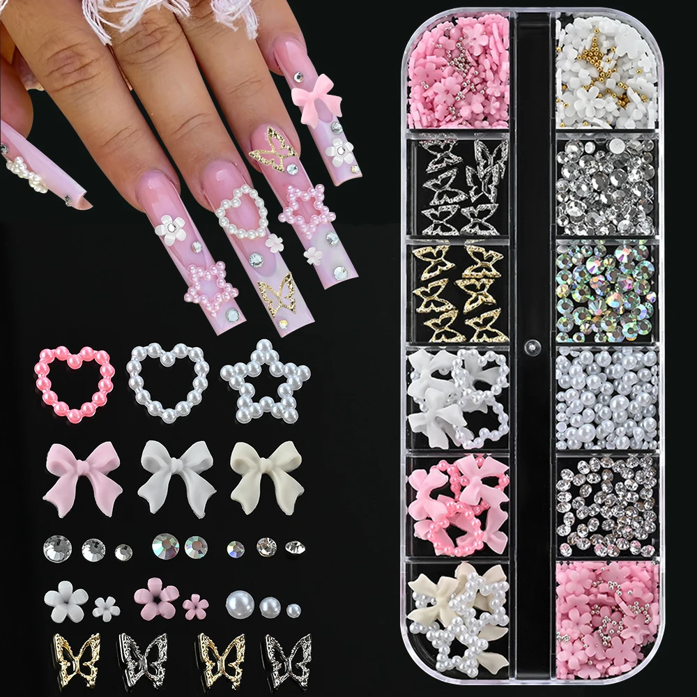 12 Grids Rosa Gemischte Harz Bogen Blume Perle Herz Nagel Charms Legierung Hohl Schmetterling Strass Nagel Dekorationen Maniküre Schmuck