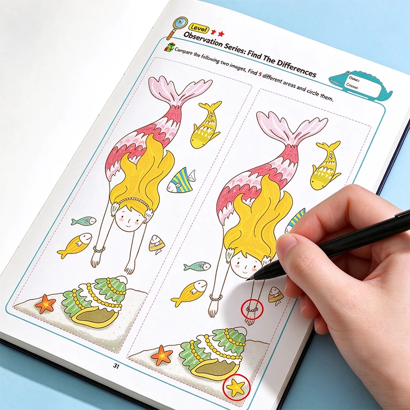 A 32-Page Interactive Find-The-Difference Book with Hidden Objects, Designed to Improve Concentration and Color Recognition, Enhance Writing Skills, Suitable for Classroom and Home Education, and Is the Perfect Choice for Back-To-School Season and Christmas Gifts